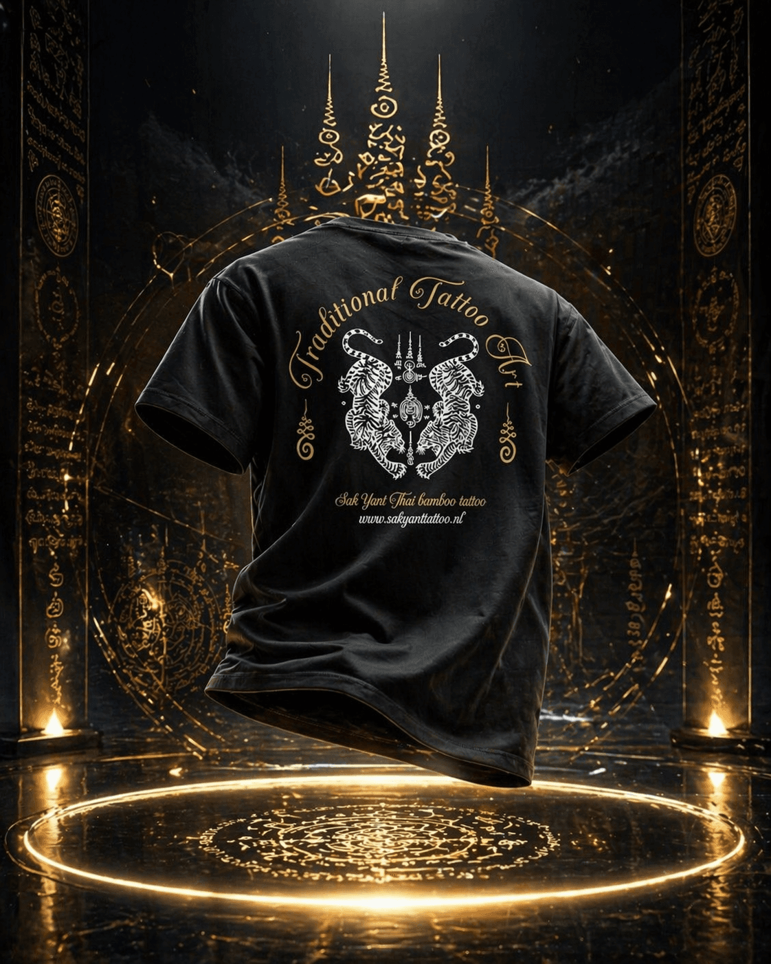 Zwart Sak Yant t-shirt met goudprint